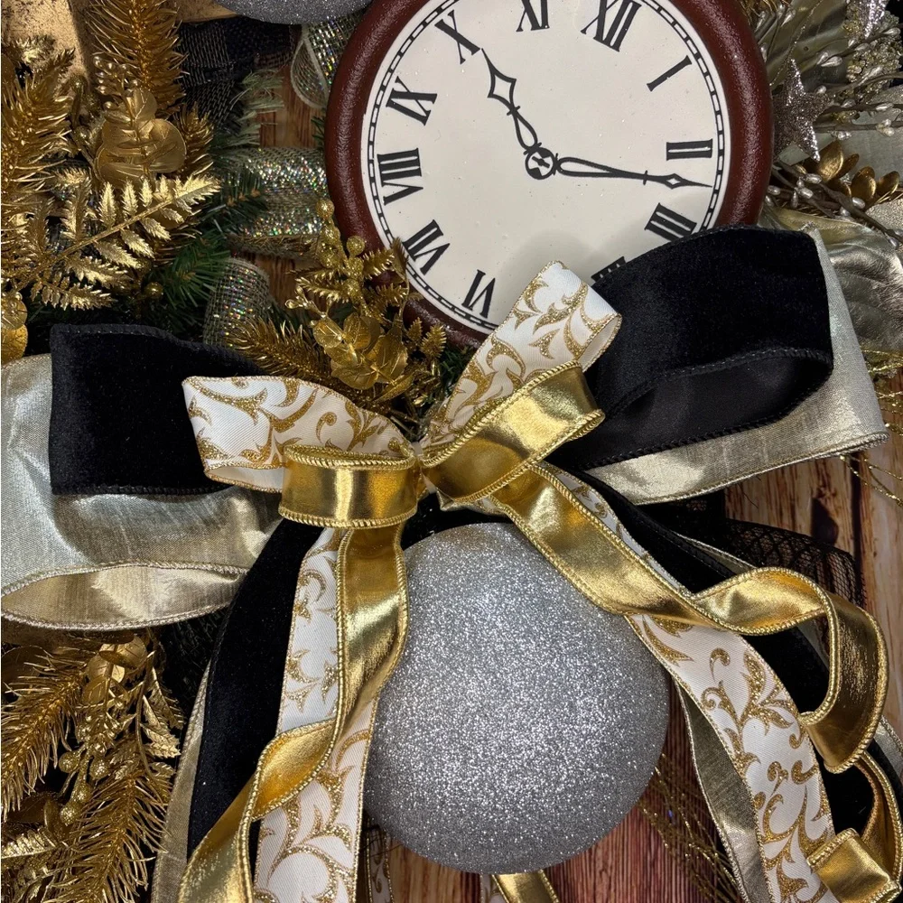 Elegant Gold and Silver Holiday Wreath with Clock